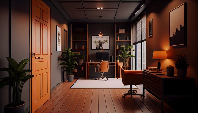 Modern living room, small and luxury office lobby with tawny orange color furniture, generative ai, with table and led lamp, large window with wall decor and picture frame