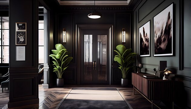 Modern living room, small and luxury office lobby with tourmaline green color furniture, generative ai, with table and led lamp, large window with wall decor and picture frame