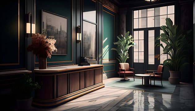Modern living room, small and luxury office lobby with tourmaline green color furniture, generative ai, with table and led lamp, large window with wall decor and picture frame