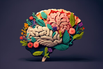 Human brain with flowers, self care and mental health, created with Generative AI