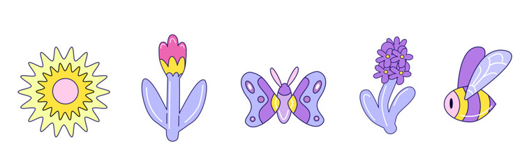Elements of spring. Cute flowers, butterfly, bird and bee. 