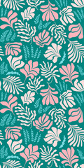 Abstract background with leaves and flowers, Matisse style. Vector seamless pattern with Scandinavian cut out elements.