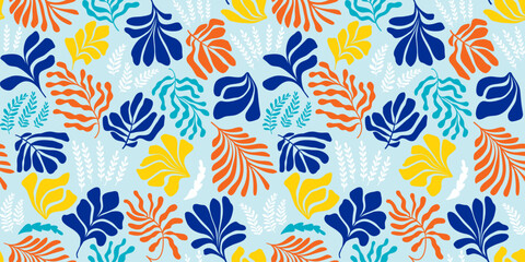 Abstract background with leaves and flowers, Matisse style. Vector seamless pattern with Scandinavian cut out elements.