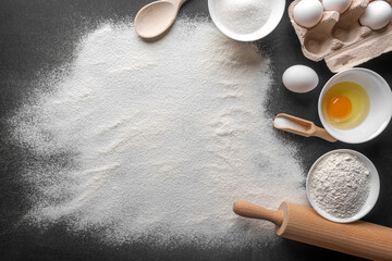 Products for baking on a black board. Background from flour.