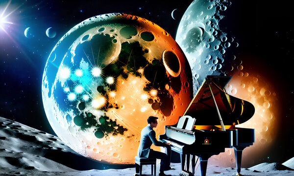 The Pianist on the Moon. Piano in space. Brilliant pianist with beautiful music. Fryderyk Chopin playing the piano. Generative AI
