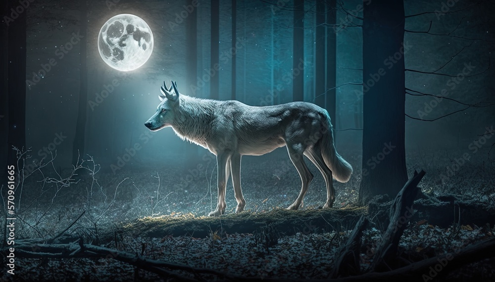 Poster a wolf standing in the middle of a forest at night with a full moon in the sky above it and a tree t
