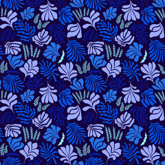 Abstract background with leaves and flowers, Matisse style. Vector seamless pattern with Scandinavian cut out elements.