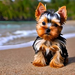 Cachorro de yorkshire terrier con gafas negras en la playa. Retrato de un perro. Generado con inteligencia artificial (AI) (IA)	