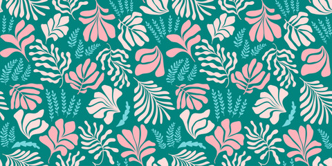 Abstract background with leaves and flowers, Matisse style. Vector seamless pattern with Scandinavian cut out elements.