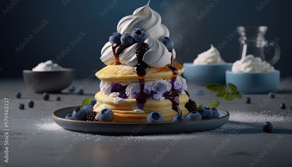 Poster a stack of pancakes with whipped cream and blueberries on top of them on a plate with blueberries an