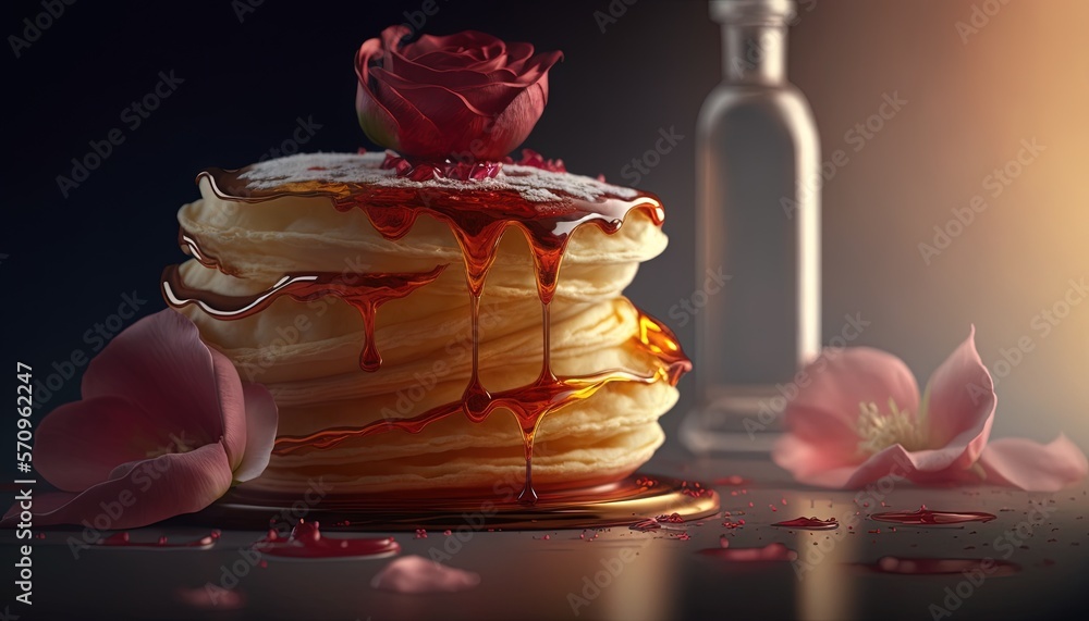 Poster a stack of pancakes with syrup and a rose on top of it with a bottle of wine in the background and p