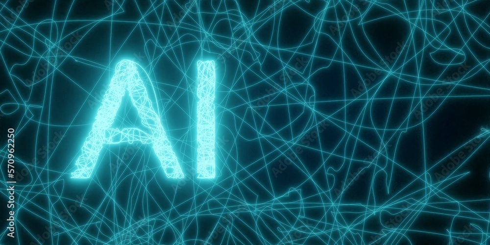 Poster ai, artificial intelligence, text inside strings network, blue on black background