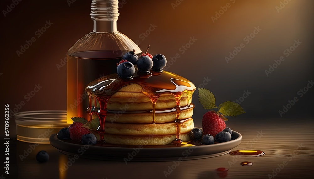 Poster a painting of a stack of pancakes with syrup and berries on a plate next to a bottle of syrup and a 