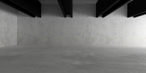 Abstract empty, modern concrete room with black metal beams on the ceiling and rough floor - industrial interior background template