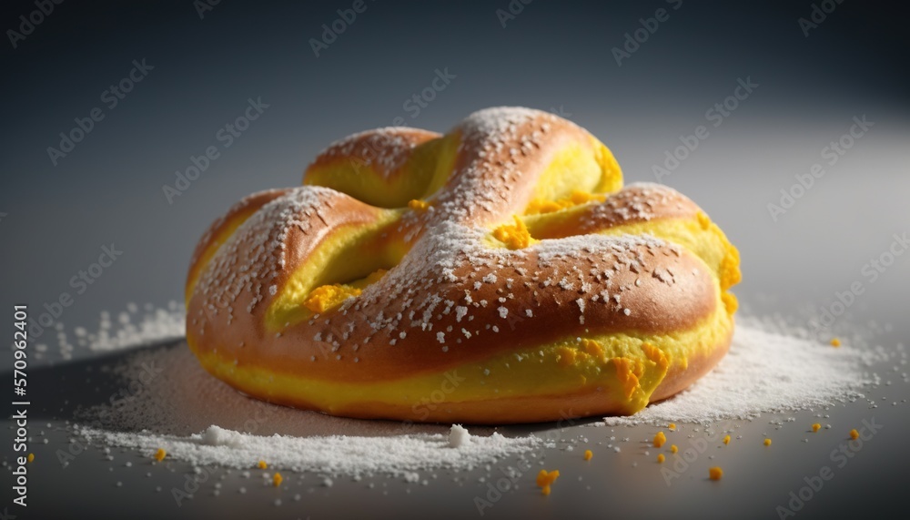 Poster a bagel covered in powdered sugar sits on a table next to a pile of salt and a spoon on a table top 