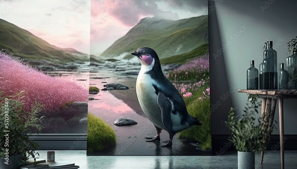 Poster a painting of a penguin standing in front of a window with a view of a mountain stream and a pink fl