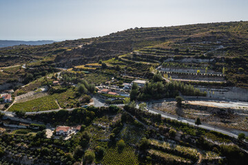 Terrace fields around Omodos town in Troodos Mountains on Cyprus island country