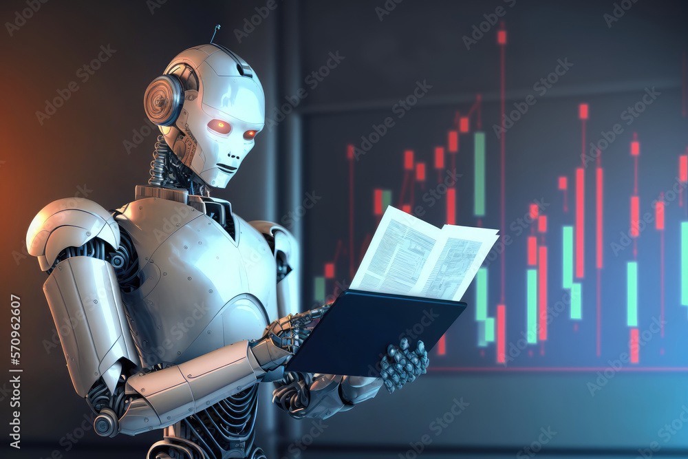 Poster humanoid robot as a securities trader with a notebook and candle stick chart. generative ai
