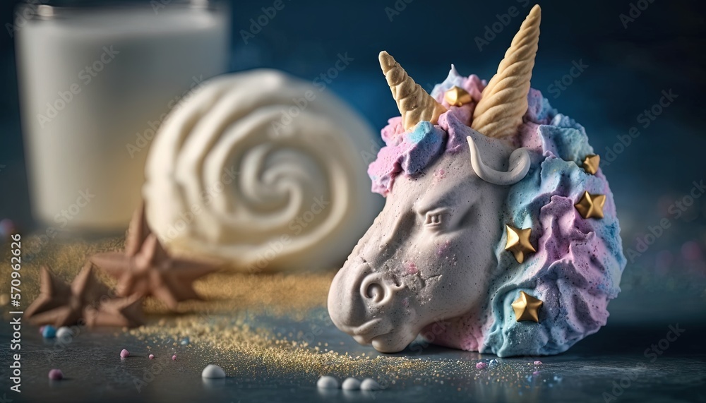 Aufkleber a close up of a cake shaped like a unicorn head with stars on its head and a candle in the backgroun