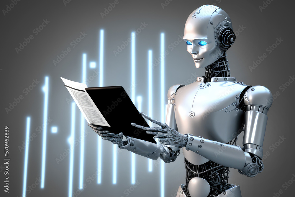 Poster humanoid robot as a securities trader with a notebook and candle stick chart. generative ai