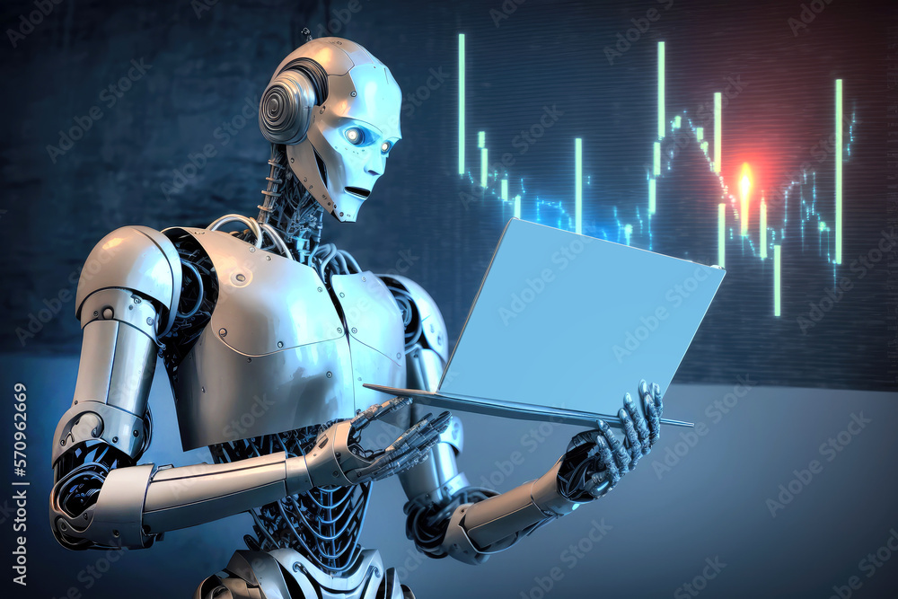 Poster humanoid robot as a securities trader with a notebook and candle stick chart. generative ai