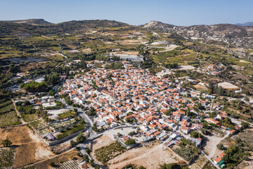 Aerial drone view of Omodos town in Troodos Mountains on Cyprus island country