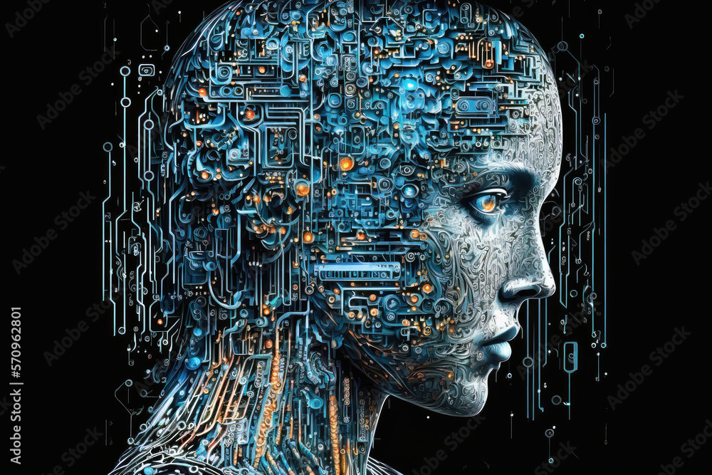 Poster neural network of big data and artificial intelligence circuit board in the head and face of a blue 
