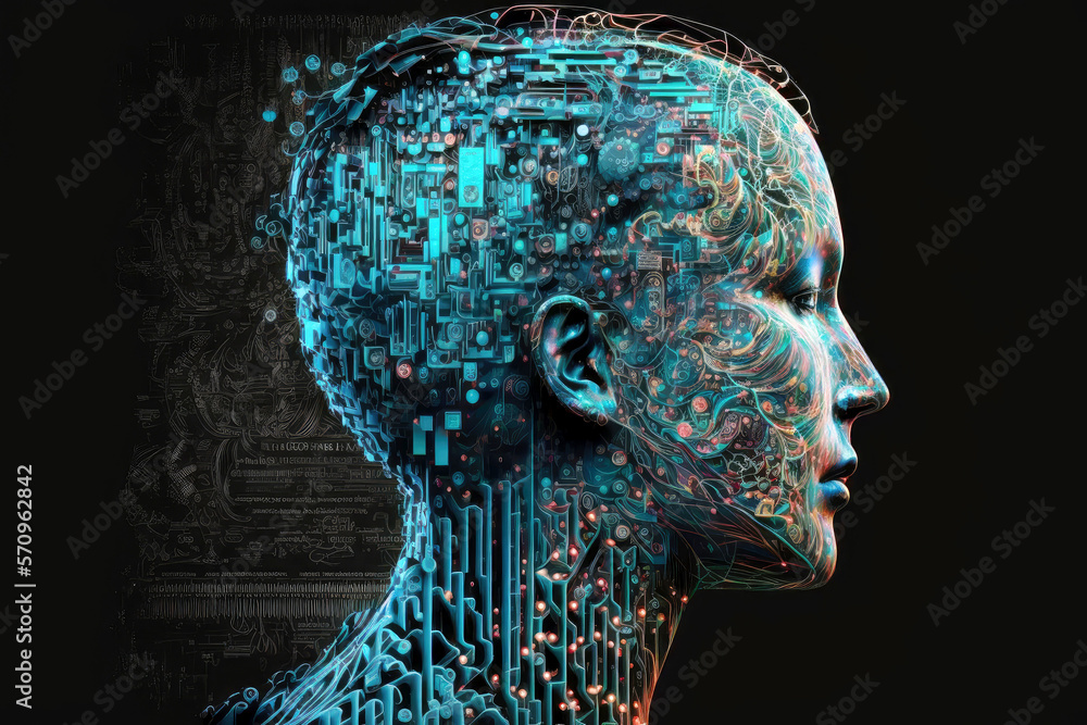 Poster neural network of big data and artificial intelligence circuit board in the head and face of a blue 