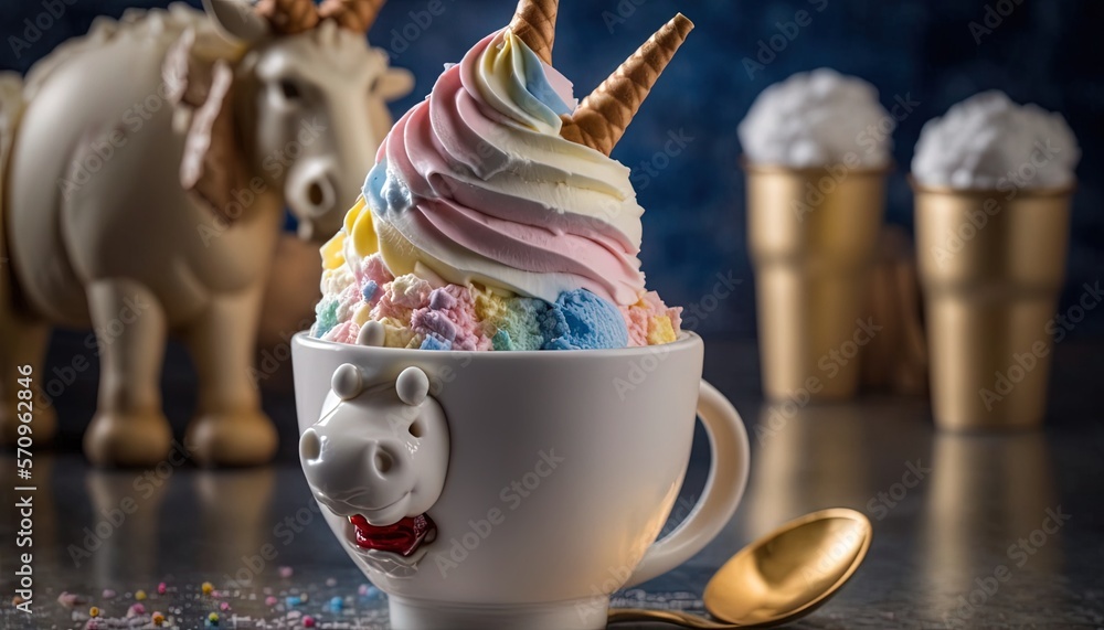 Poster a cup of ice cream with a unicorn and a unicorn figurine in the background and a spoon in the foregr