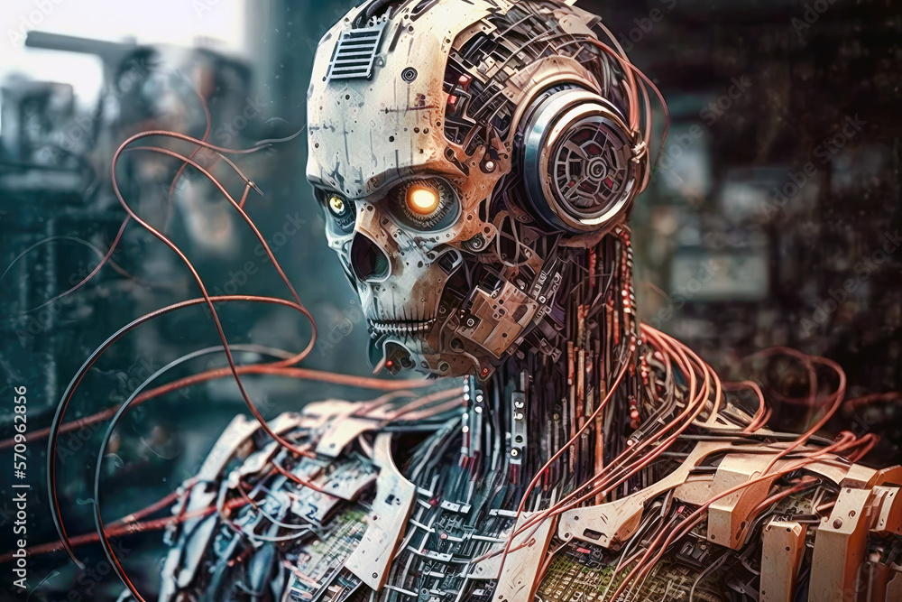 Poster close up of a robot with visible wiring. generative ai illustration