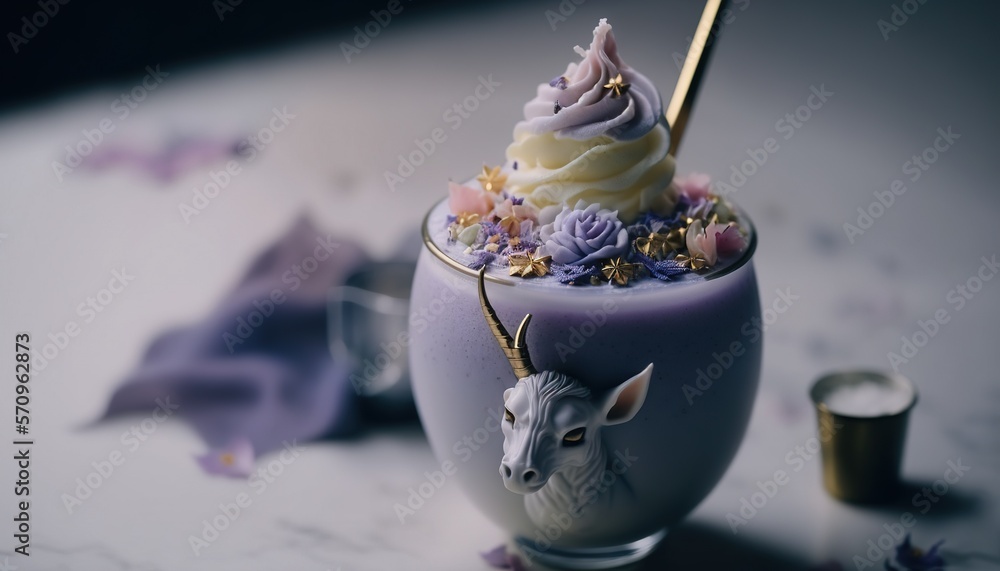Poster a cup with a unicorn on top of it and a unicorn decoration on the top of it's cup and a gold straw i