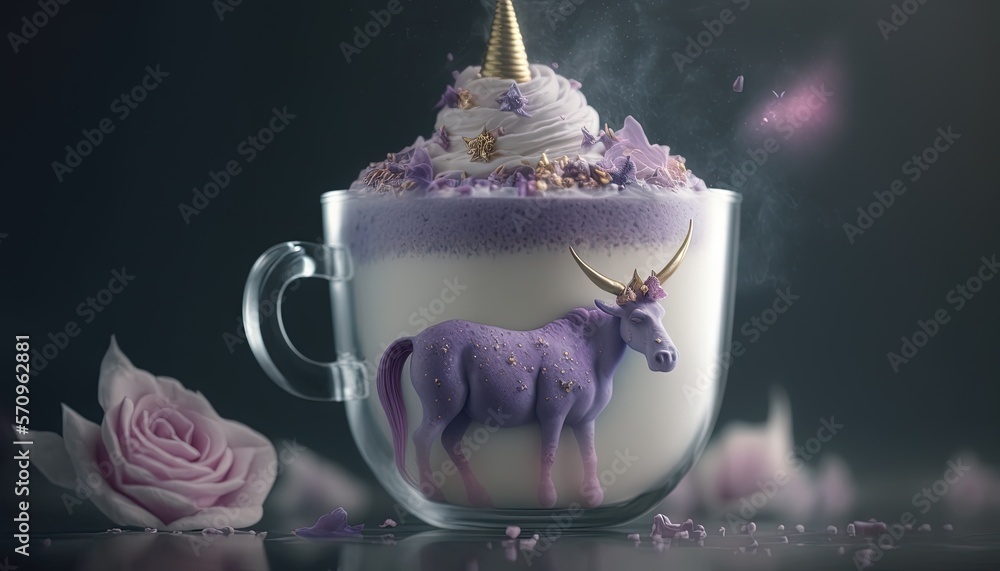 Poster a cup with a unicorn on top of it and a pink rose in the middle of the cup and a unicorn on top of i