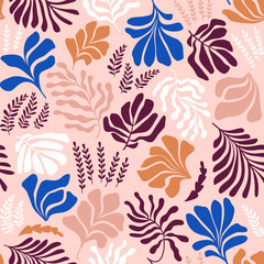 Abstract background with leaves and flowers, Matisse style. Vector seamless pattern with Scandinavian cut out elements.