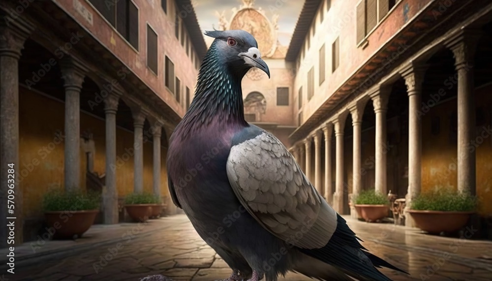 Poster a bird is standing on a ledge in a courtyard with potted plants and a clock in the background and a 
