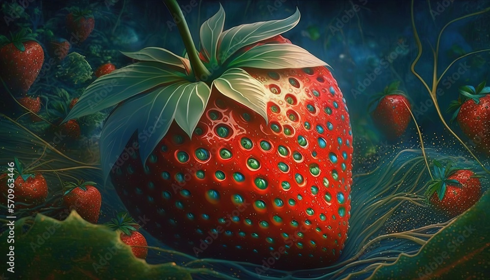 Poster a painting of a strawberry with a green leaf on it's tip and a red strawberry with a white flower on