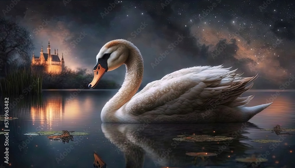 Poster a painting of a swan on a lake with a castle in the background and lily pads in the water at night t