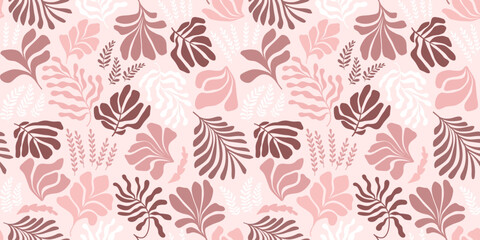 Abstract background with leaves and flowers, Matisse style. Vector seamless pattern with Scandinavian cut out elements.
