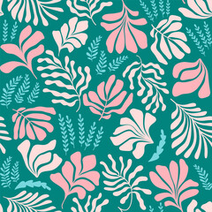 Fototapeta na wymiar Abstract background with leaves and flowers, Matisse style. Vector seamless pattern with Scandinavian cut out elements.
