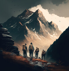 Stylized illustration of a group of adventurers hiking through majestic mountains on the wild west. AI generative