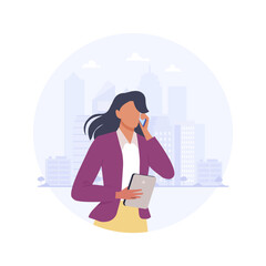 Busy woman talking on mobile phone with city background