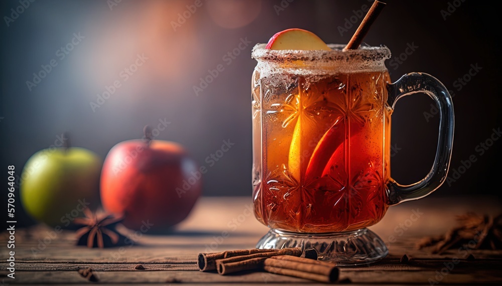 Poster a glass mug filled with liquid next to an apple and cinnamon stick on a table with cinnamon sticks a