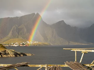 Foto op Plexiglas Reinefjorden Strong Rainbow over Reinefjorden, Lofoten, Norway