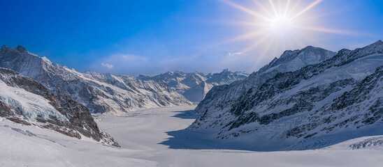 panoramic Aletsch Glacier, Fletsch Glacier. Panoramic view part of Swiss Alps alpine snow mountains landscape from Top of Europe at Jungfraujoch station, Switzerland