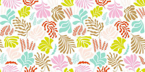 Abstract background with leaves and flowers, Matisse style. Vector seamless pattern with Scandinavian cut out elements.