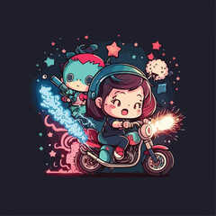 cute kawaii kids riding motocycle with firework