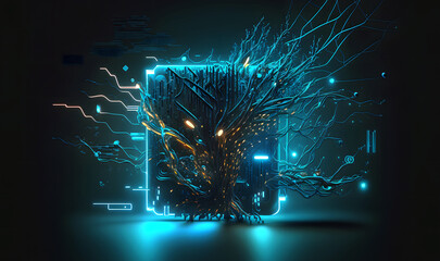 A futuristic and abstract representation of interconnected technology, showcasing a web of lines and dots on a dark background