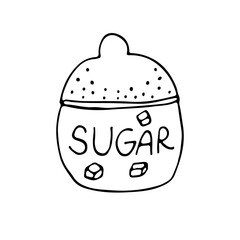 Single circle shaped jar of sugar with sugar cubes and lettering on it. The jar has a lid. Black and white jar vector illustration isolated on white background.