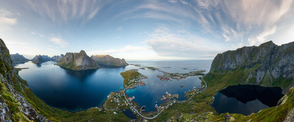 Panorama of the famous Reine fishing village, Lofoten, Norway. Shot from a normally inaccessible mountain.