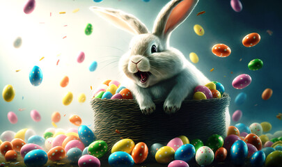 Fototapeta na wymiar Cheerful Easter bunny holding a basket overflowing with bright eggs