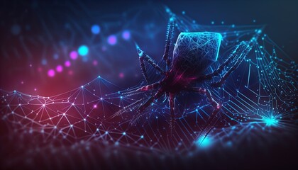 Cyber microchip spider networked on a digital data spider web mesh, artificial intelligence created with generative ai technology - obrazy, fototapety, plakaty